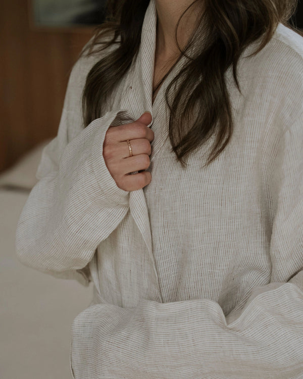 Sova Robe Savanna in natural linen, close-up detail showing subtle pinstripe weave and soft drape by Weave Home
