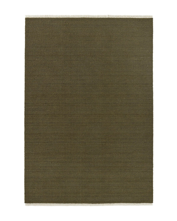 Fabien Moss high-traffic wool rug with textured loop pile and ribbed weave, cream fringe border, by Weave Home