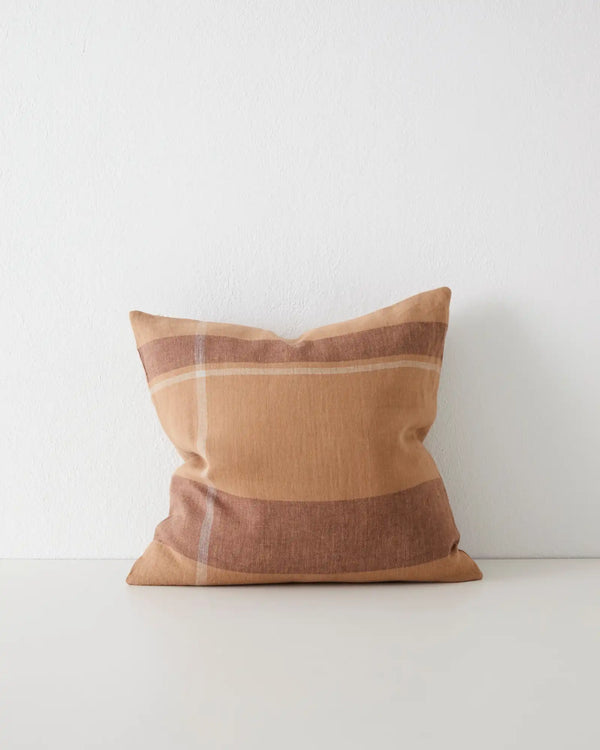 Dante Terracotta linen cushion, 50x50cm, with warm-toned placement check and natural stripe detail by Weave Home