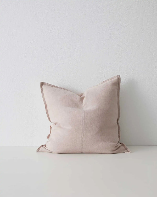 Como Blush linen cushion cover 50x50cm in soft pink with contrasting piping detail, stone-washed European linen by Weave Home