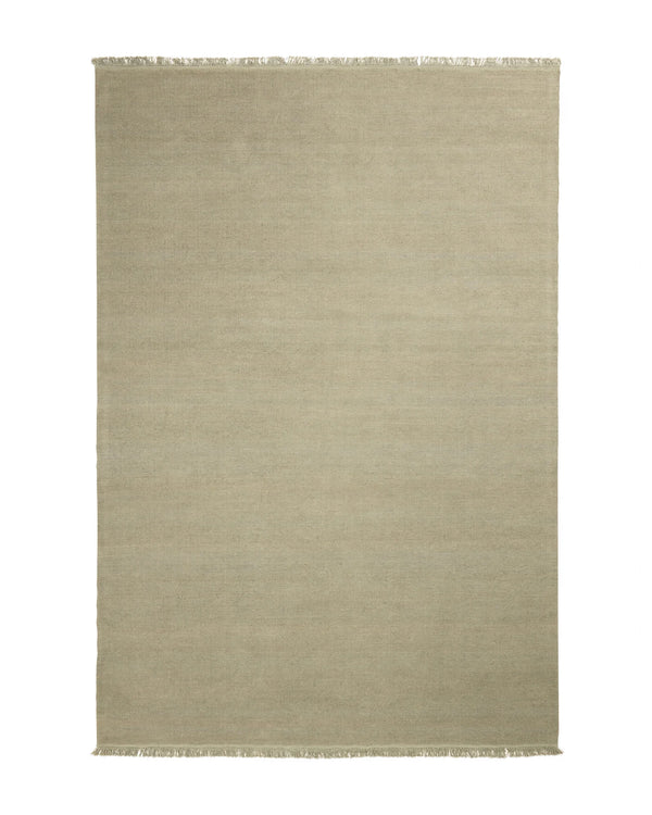 Emilio Oyster linen rug in pale grey, flat-weave construction with raw fringe edge detail, by Weave Home