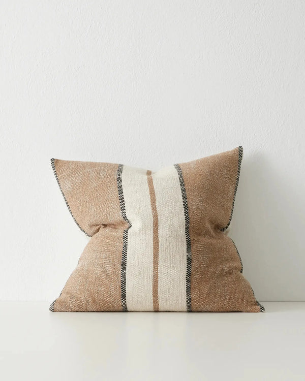 Ottavio Cocoa cushion front view, 50x50cm, featuring chunky textured stripe in soft brown, beige and onyx with whipstitched edge detail by Weave Home