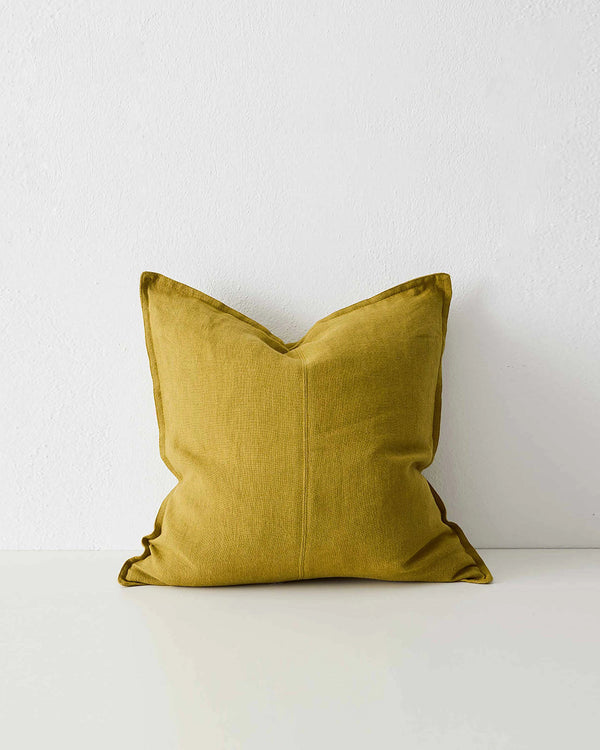 Como Moss linen cushion in mustard yellow with piping detail, front view by Weave Home