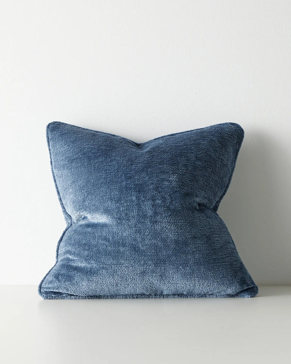 Tempo Marine cushion 50x50cm, slate blue polyester with chunky chenille texture and piped edging by Weave Home