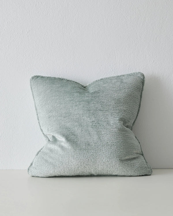 Tempo Chateau 50x50 cushion in soft pale blue polyester with chunky chenille texture and piped edging by Weave Home