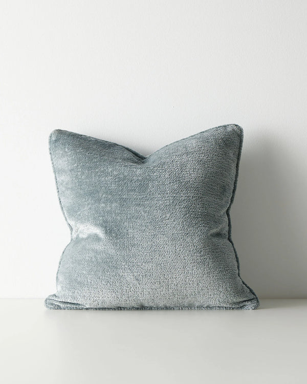 Tempo Sky 50x50 cushion in soft blue polyester with chunky chenille texture and piped edging by Weave Home