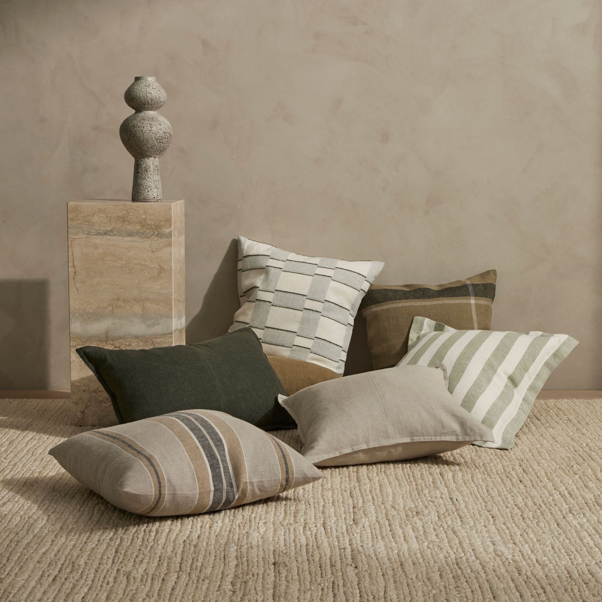 Stylish pillows stacked. Velvet cushion stack. 