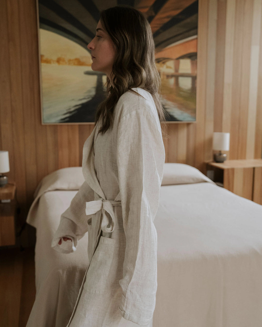 Sova Robe in Savanna, European linen wrap style with tonal pinstripe and tie waist detail by Weave Home