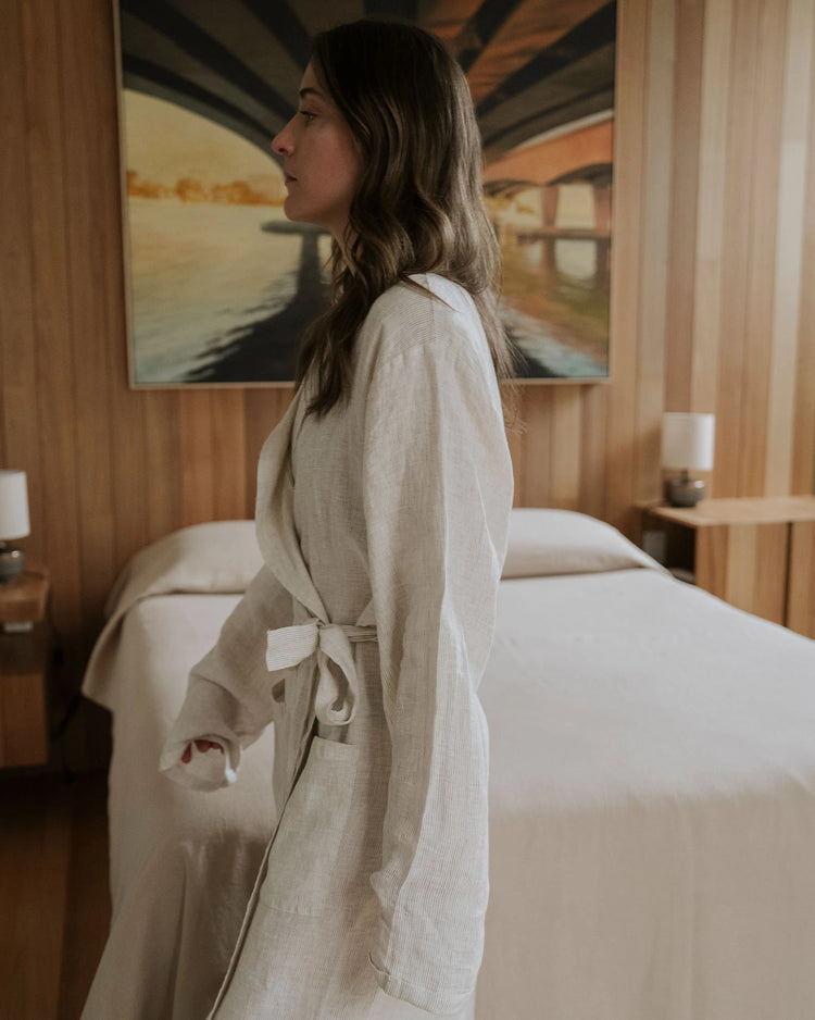 Sova Robe in Savanna, European linen wrap style with tonal pinstripe and tie waist detail by Weave Home