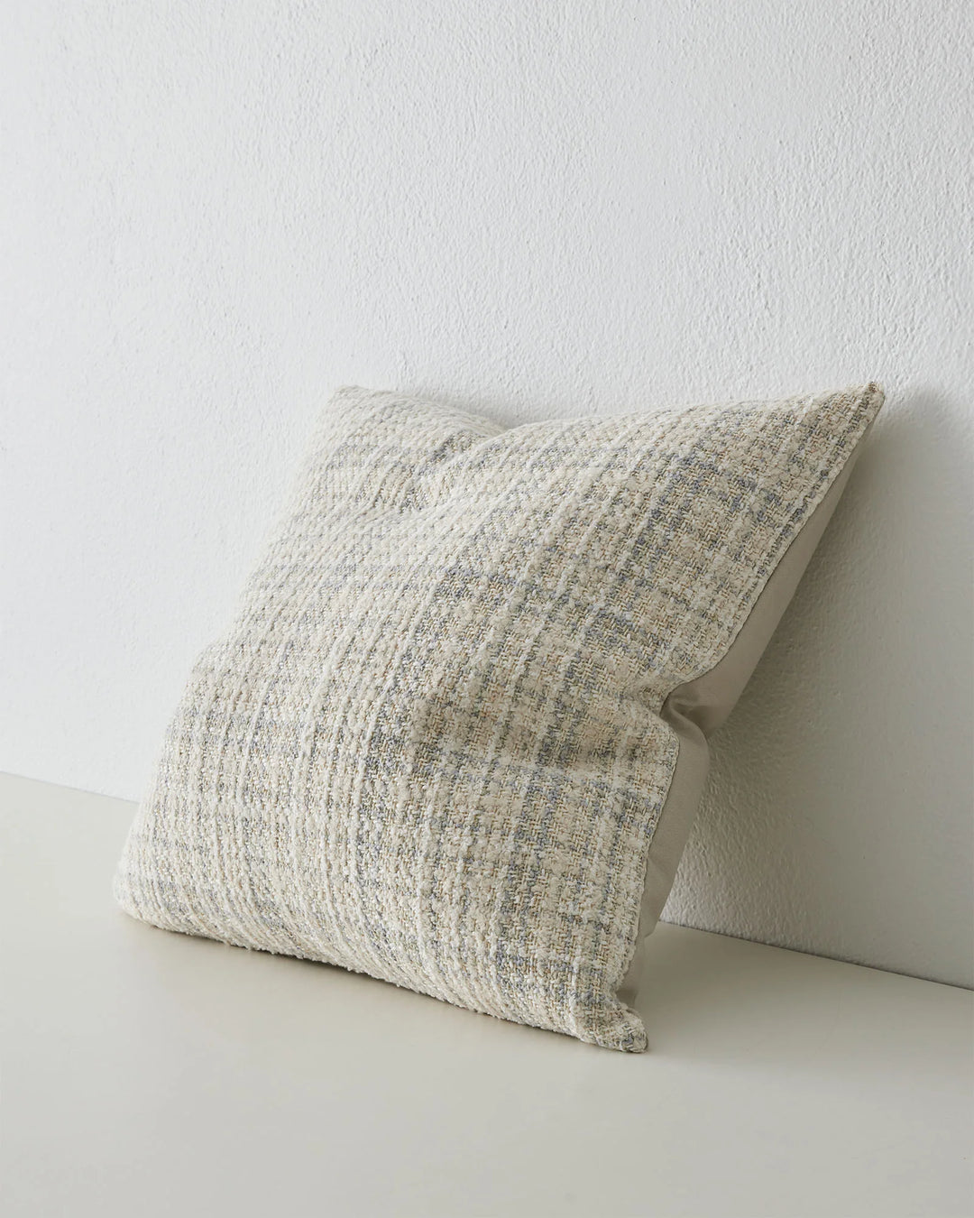 Tripoli Pearl 50x50 cushion in cream and sandstone with yarn-dyed woven texture, knife edge detail, by Weave Home