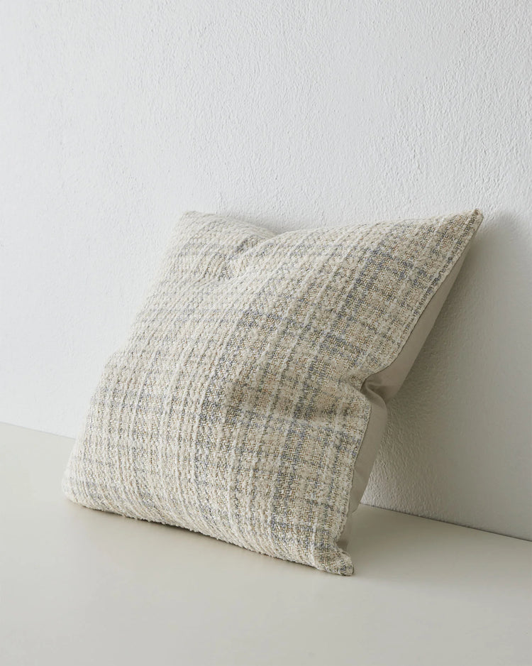 Tripoli Pearl 50x50 cushion in cream and sandstone with yarn-dyed woven texture, knife edge detail, by Weave Home