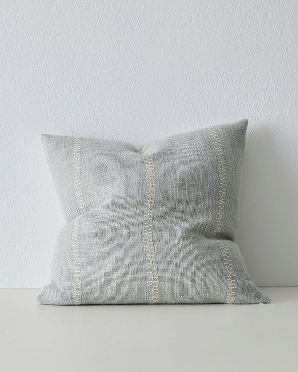 Maddalena Glacier 50x50 cushion in light blue with cream embroidery stitching detail down centre by Weave Home