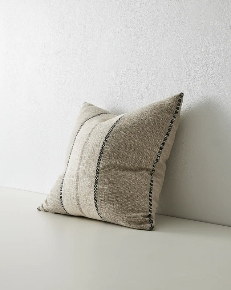 Ottavio Natural cushion side view, 50x50cm linen with chunky textured stripes and checkered piping detail by Weave Home