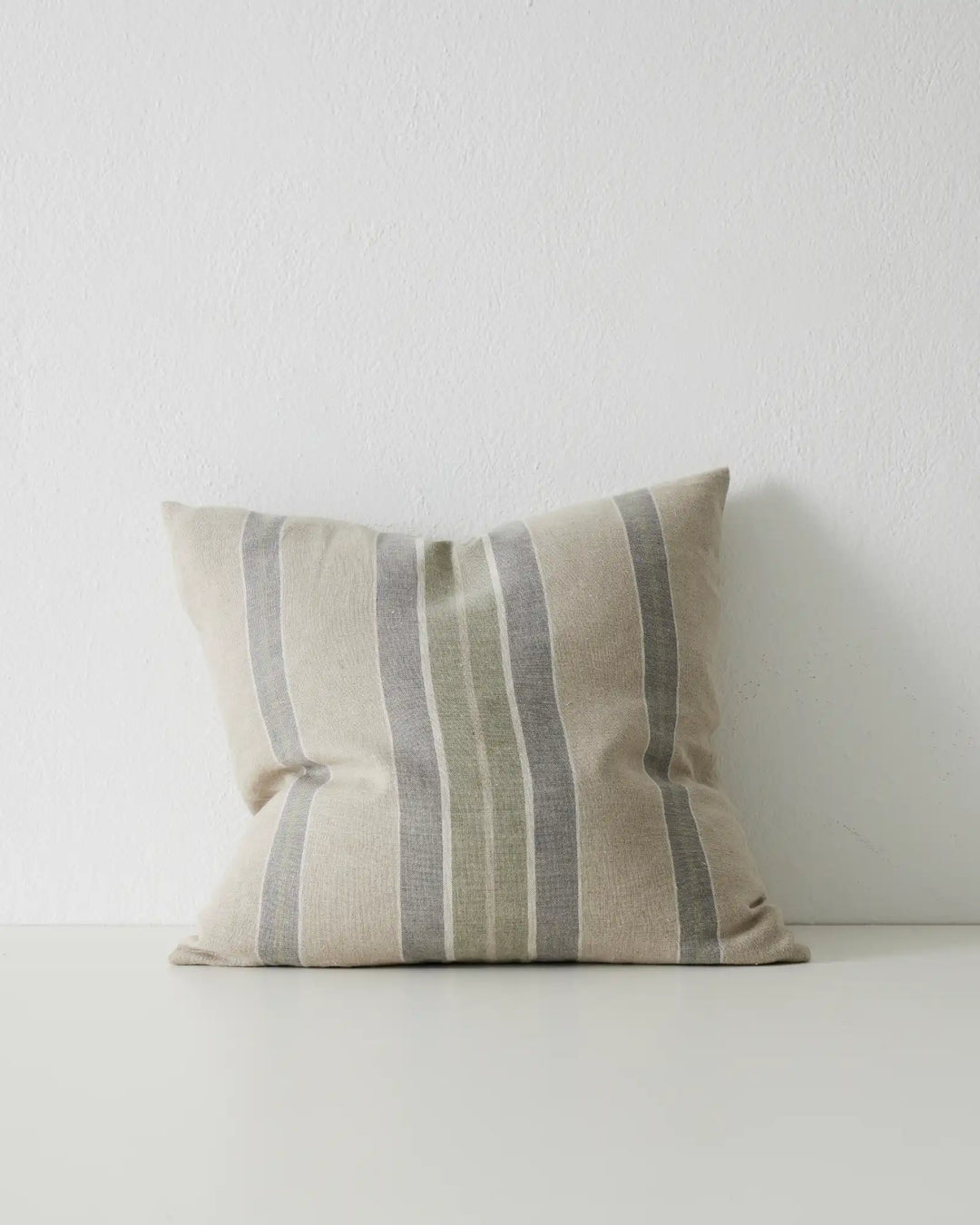 Franco Sage cushion, 50x50cm, featuring soft green European linen with contrasting grey-blue vertical stripes, by Weave Home