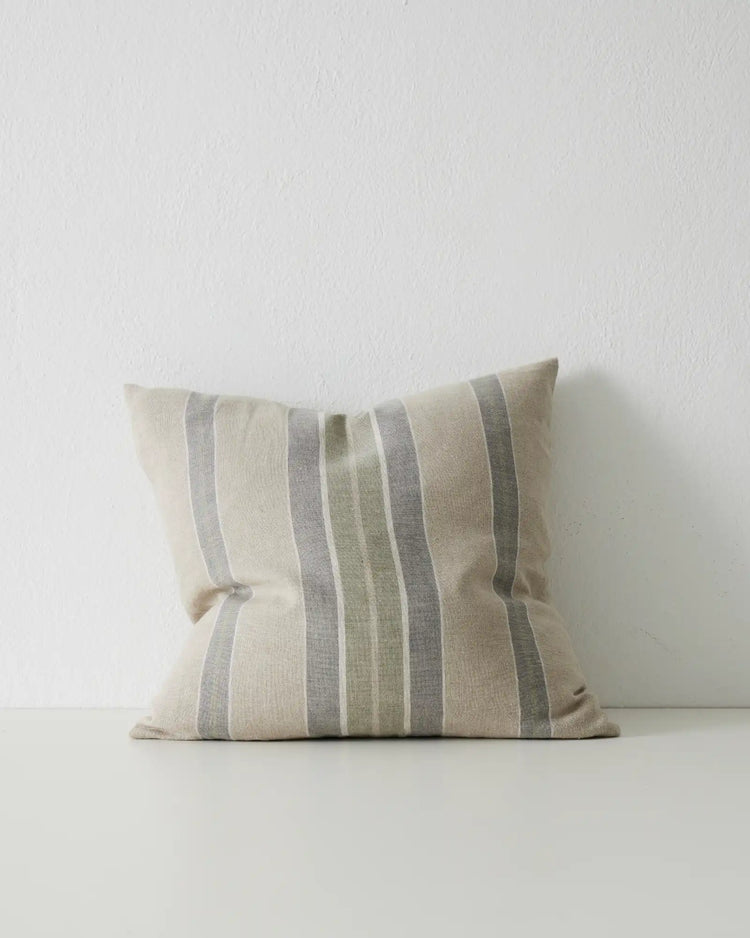 Franco Sage cushion, 50x50cm, featuring soft green European linen with contrasting grey-blue vertical stripes, by Weave Home