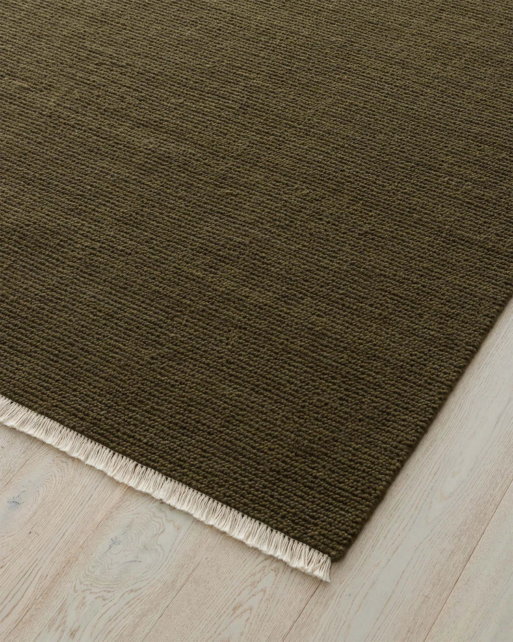 Fabien Moss textured wool rug with chunky loop pile and cream fringe detail, 2m x 3m, by Weave Home