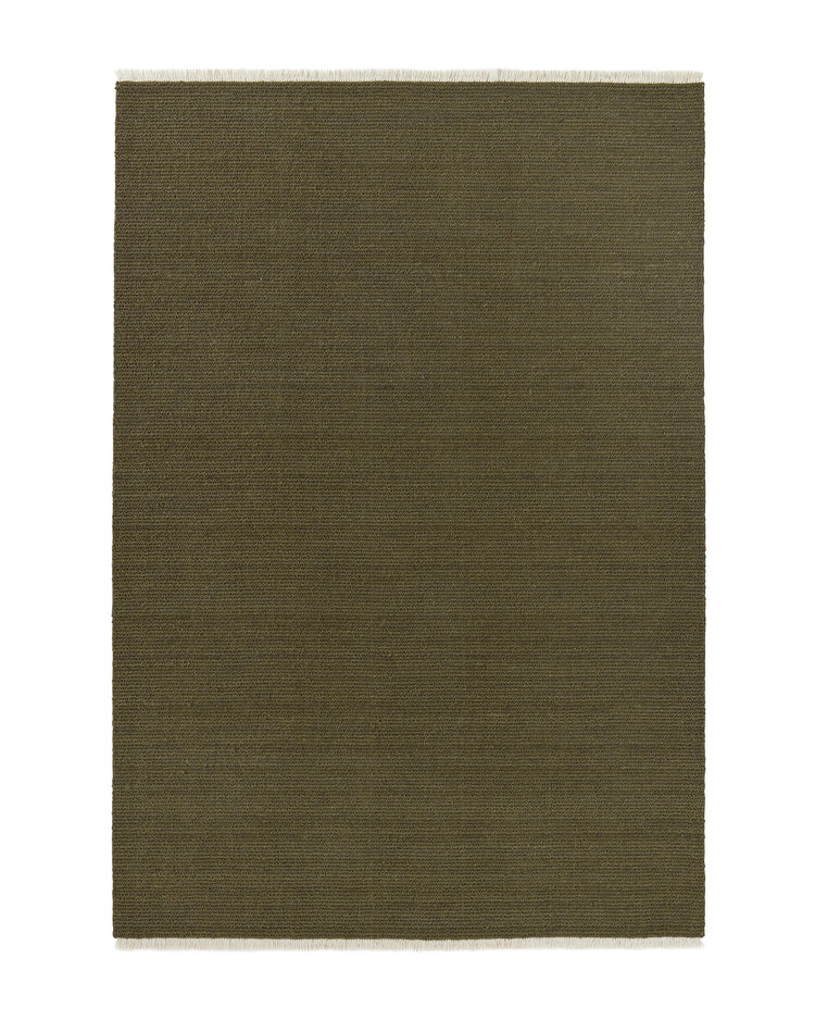 Fabien Moss high-traffic wool rug with textured loop pile and ribbed weave, cream fringe border, by Weave Home