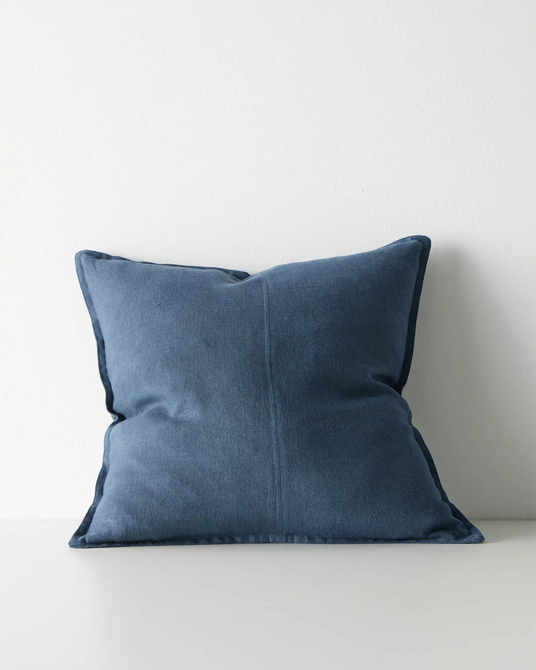 Como Atlantic cushion cover, 50x50cm, stone-washed European linen in muted denim blue with piped edge detail by Weave Home