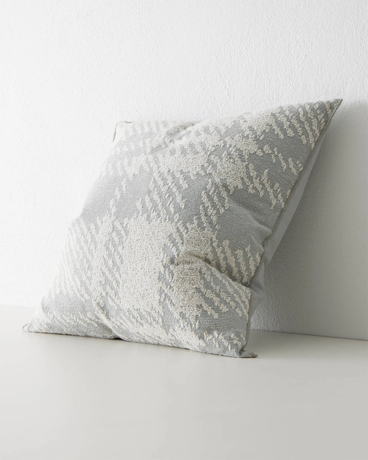 Sienne Mist cushion, grey and white oversized check design with overlocked edge finish, 50x50cm by Weave Home
