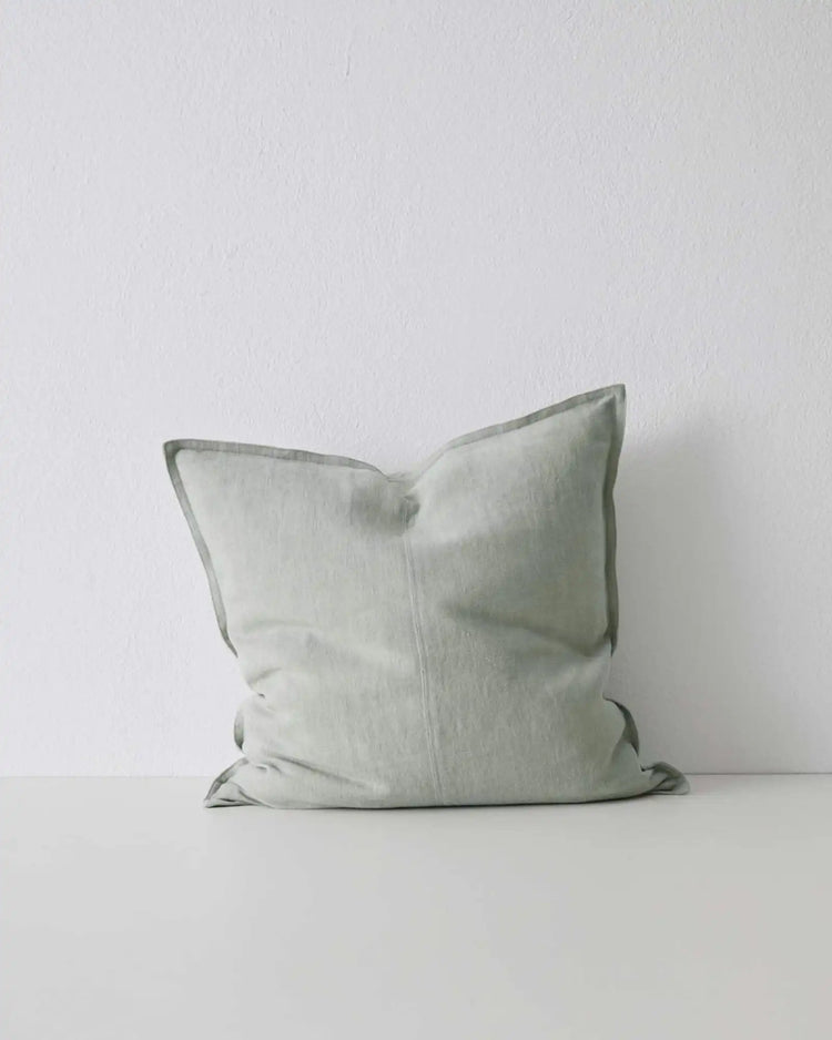 Como Laurel 50x50 cushion cover in stonewashed eucalyptus green-grey European linen with piping detail by Weave Home