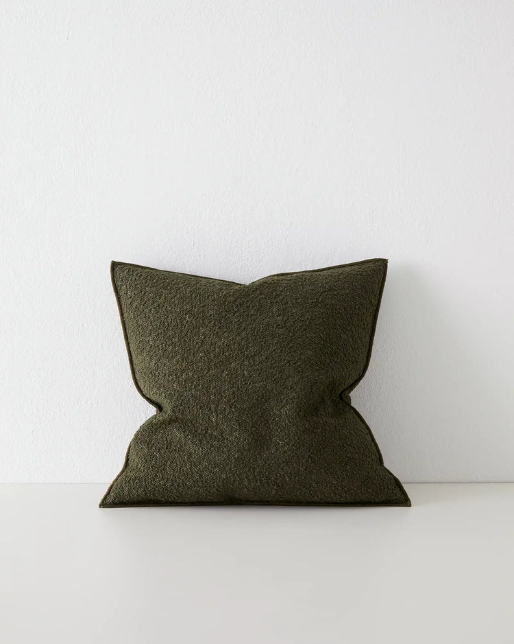 Alberto Olive 50x50 bouclé cushion with soft textured weave and babylock edge, front view by Weave Home