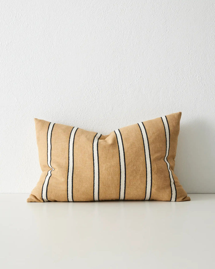 Vinnie Manuka lumbar cushion, muted orange cotton linen blend with navy vertical stripe detail, 40x60cm by Weave Home