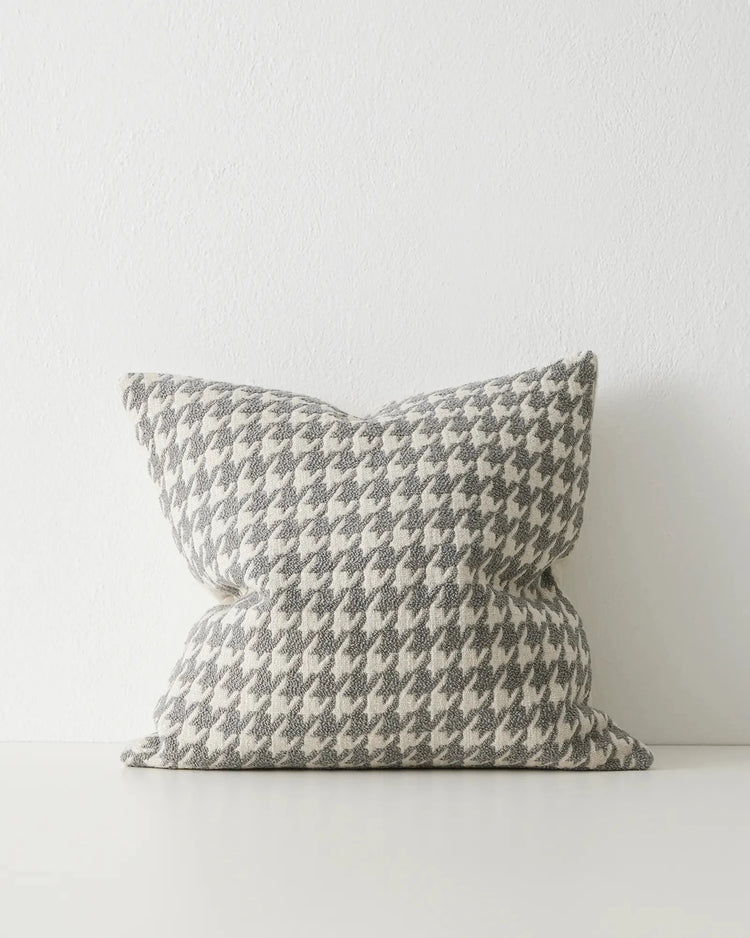 Giovanni Mist cushion front view, houndstooth bouclé in cool grey and white viscose blend, 50x50cm by Weave Home
