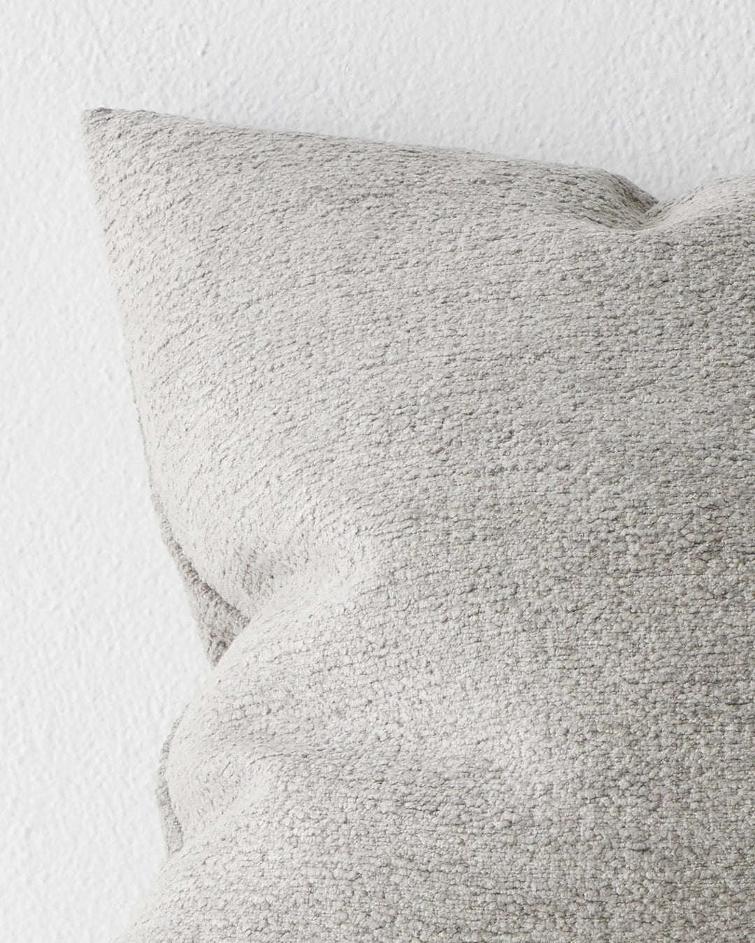 Laurent Smoke textured cushion close-up, showing chenille and dry yarn weave in light silvery grey, 50x50cm by Weave Home