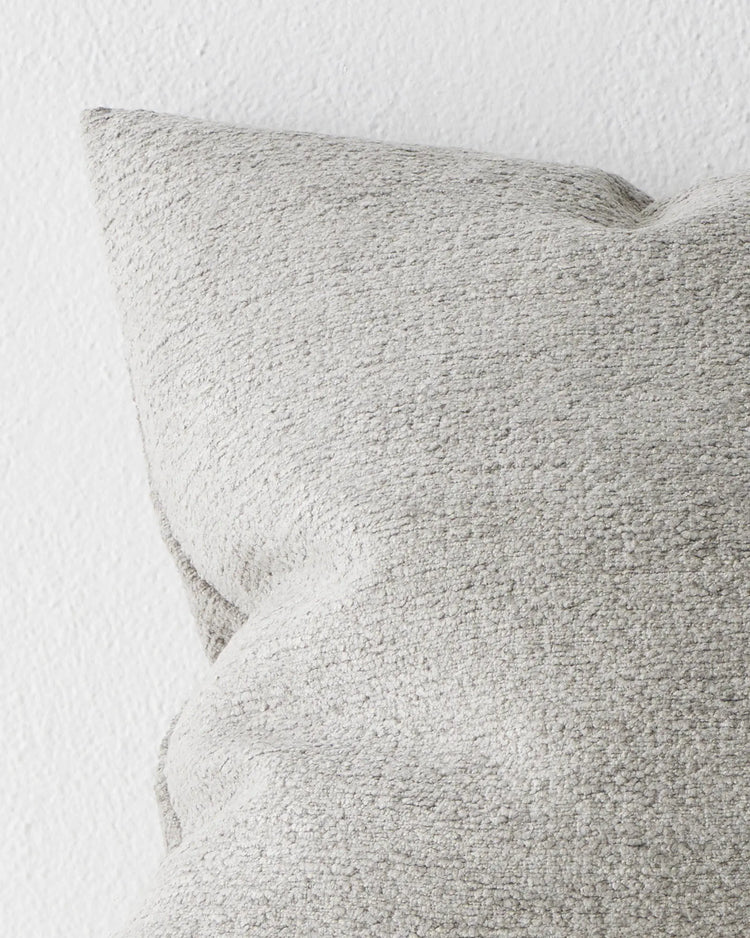 Laurent Smoke textured cushion close-up, showing chenille and dry yarn weave in light silvery grey, 50x50cm by Weave Home