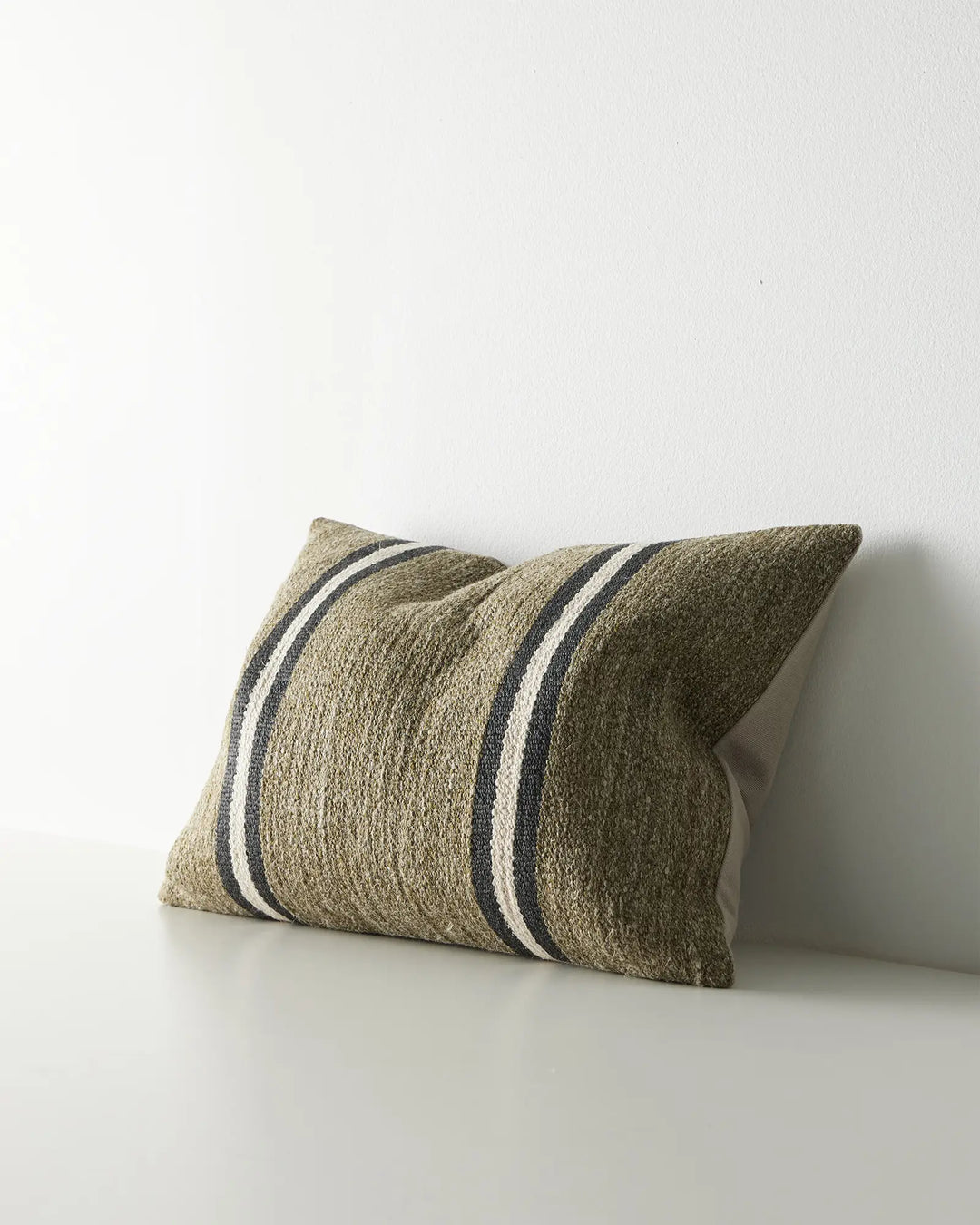 Mila Forest 40x60 lumbar cushion in olive with charcoal and cream stripe detail, wool linen blend by Weave Home