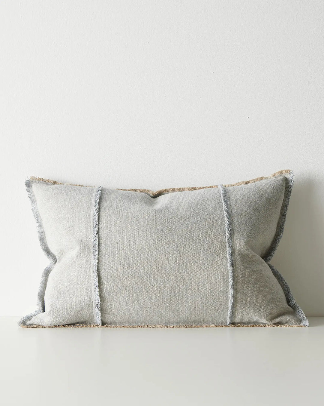 Adela Haze lumbar cushion 40x60cm, light blue cotton-linen blend with raw-edge fringe border by Weave Home