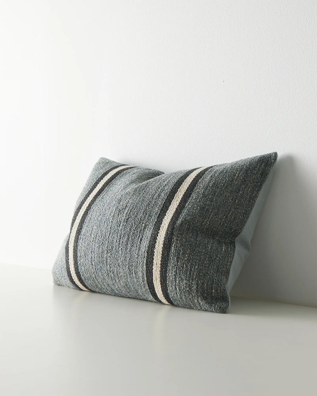 Mila Horizon lumbar cushion, 40x60cm, charcoal wool-linen blend with cream and navy stripe detail, by Weave Home