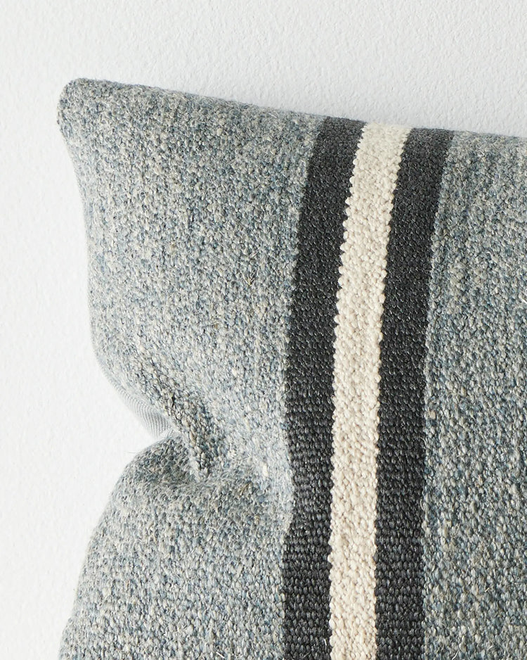 Mila Horizon cushion close-up showing wool-linen blend texture with charcoal and cream stripe detail by Weave Home