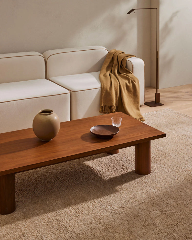 Neutral living room with cream modular sofa, golden throw, wooden coffee table on Valencia wool rug in warm sand tones, minimalist styling with natural light