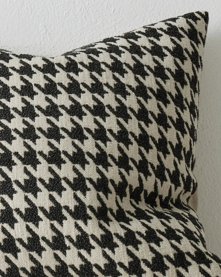 Giovanni Midnight cushion front view, black and white houndstooth bouclé viscose blend 50x50cm by Weave Home
