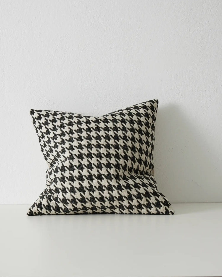 Giovanni Midnight cushion front view, houndstooth bouclé pattern in black and white viscose blend, 50x50cm by Weave Home