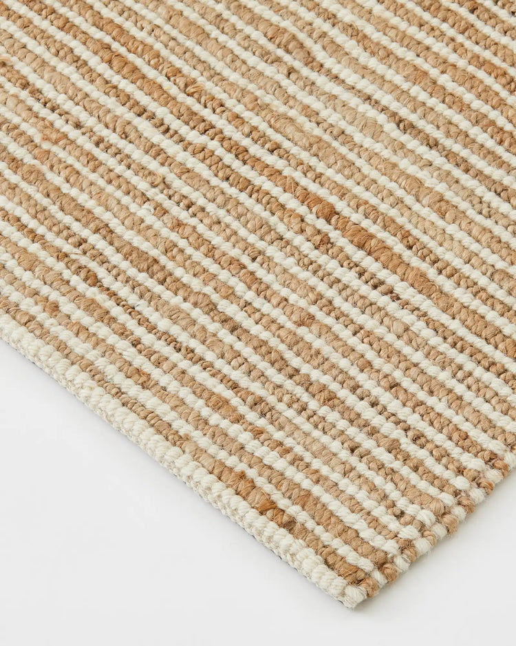 Lisbon Seasalt jute rug detail, textured hand-woven striped pattern in natural and cream, by Weave Home