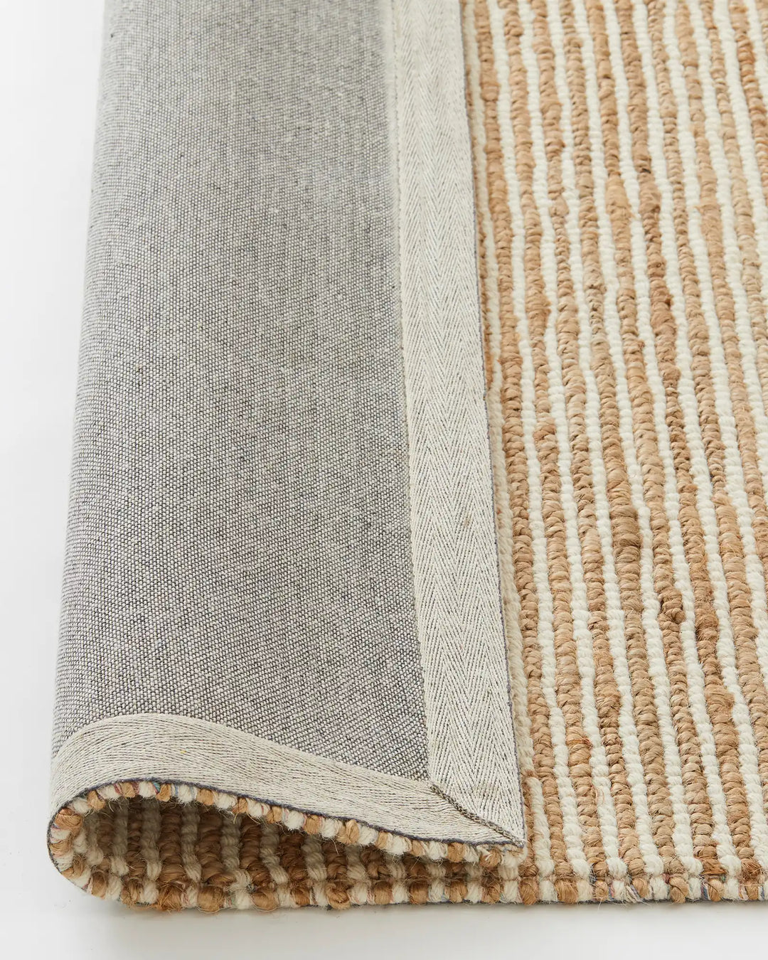 Lisbon Seasalt rug detail, showing wool and jute weave with cotton binding edge by Weave Home