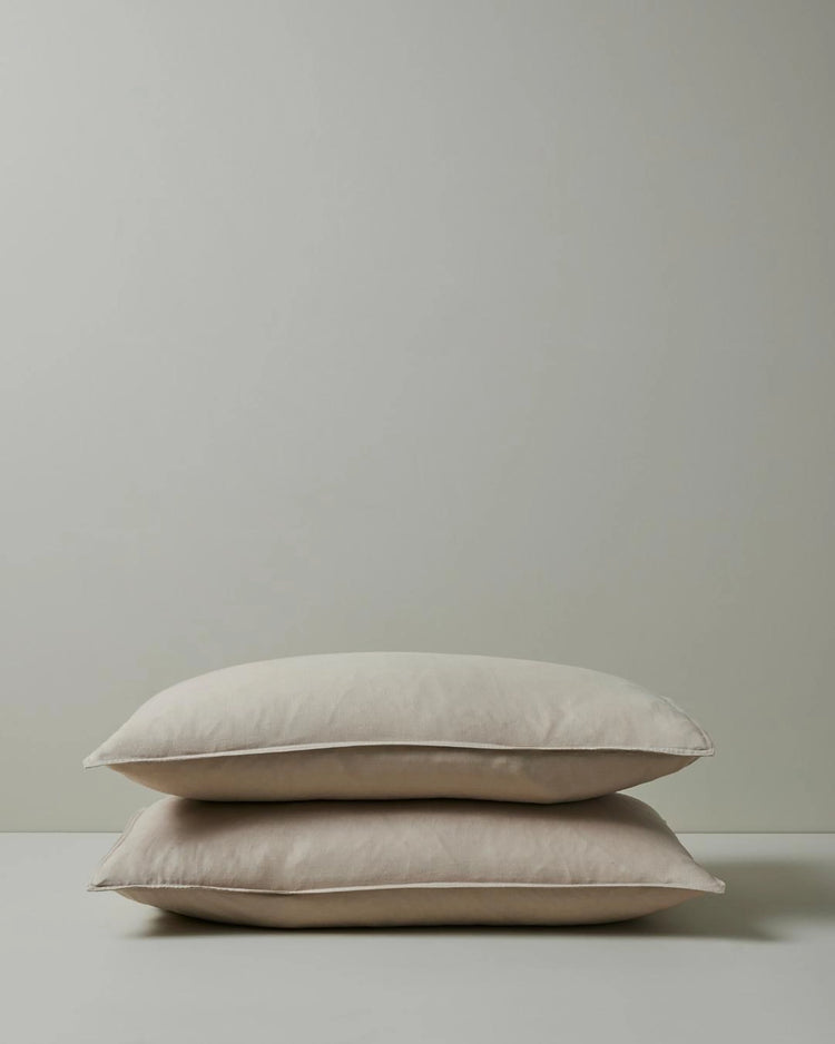 Ravello Pillowcase Set in Shell, King size, stacked pair showing top-stitched flanged edge, French Flax Linen by Weave Home