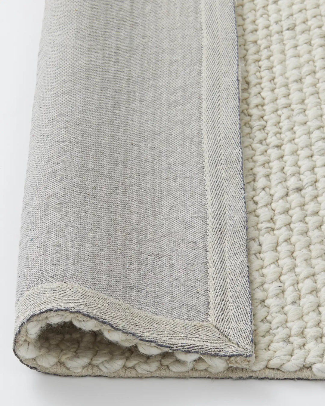 Emerson Seasalt wool rug detail, showing woven texture and natural backing by Weave Home