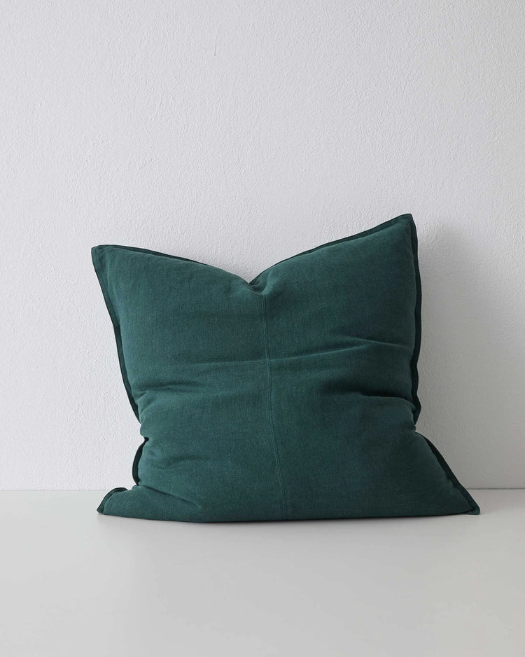 Como Forest linen cushion 60x60cm in deep pine green with soft stone-washed texture by Weave Home