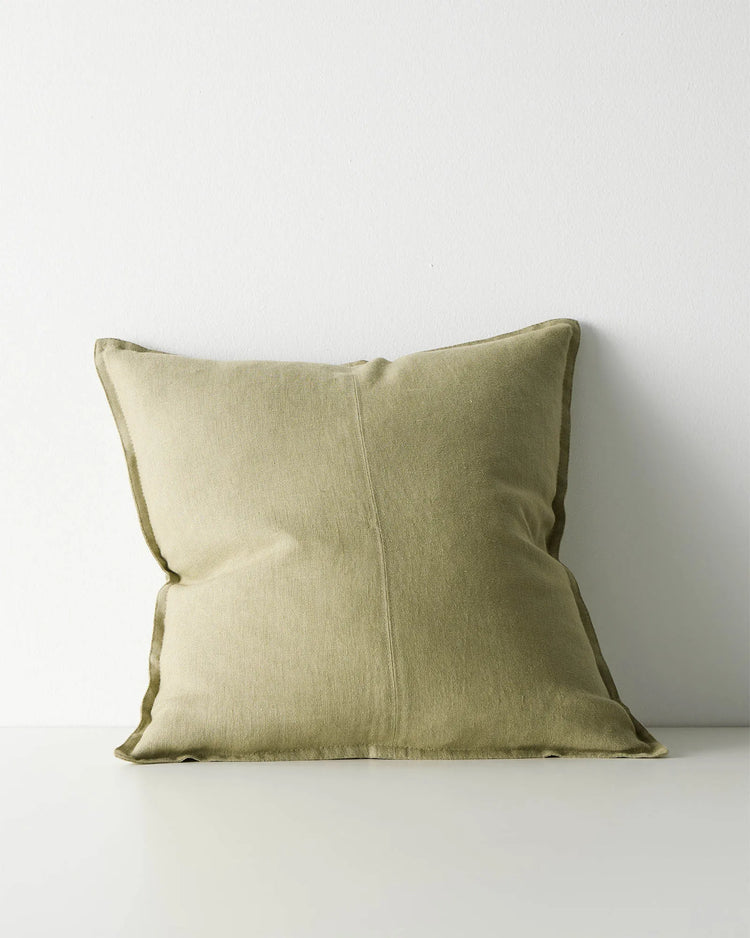 Como Willow linen cushion cover 50x50cm in soft green, stonewashed European linen with self-piping detail by Weave Home