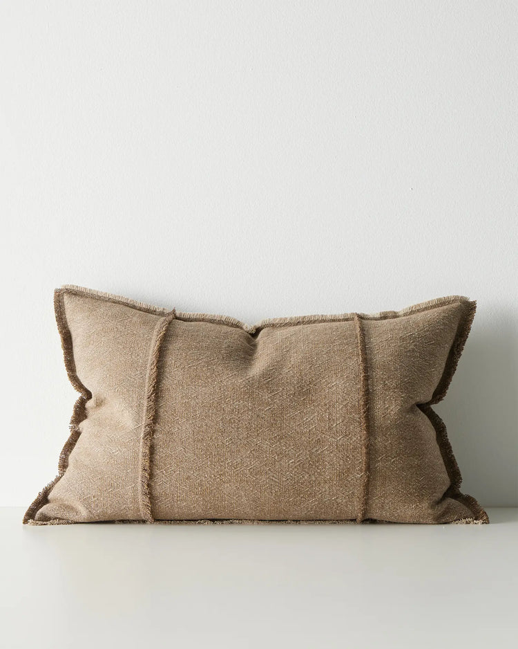 Adela Cocoa lumbar cushion 40x60cm, cotton linen blend with raw-edged fringe and subtle two-tone weave by Weave Home