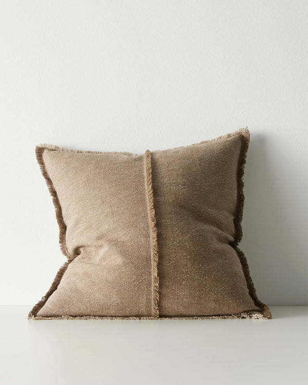 Adela Cocoa 50x50 cushion cover with raw-edged fringe detail and two-tone woven texture by Weave Home