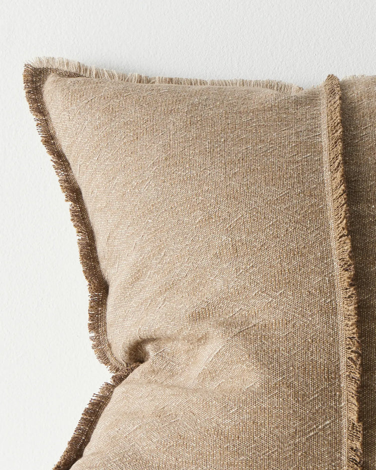 Adela Cocoa cotton linen cushion detail, showing raw-edge fringe border and textured weave close-up by Weave Home