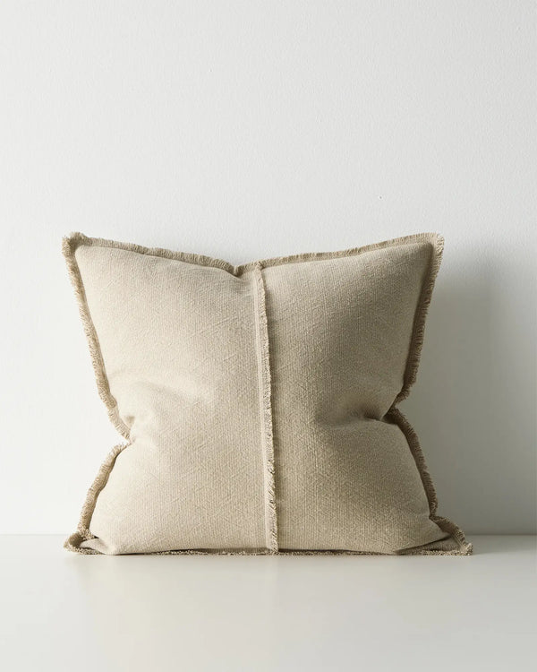 Adela Cashmere cotton linen cushion with raw-edged fringe border, textured weave and two-tone finish by Weave Home