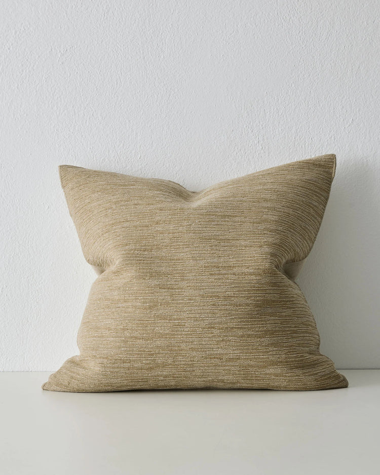 Dania Toffee 50x50 cushion in warm gold woven polyester with metallic highlights and overlocked edge by Weave Home