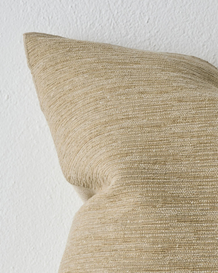 Dania Toffee cushion cover close-up, showing woven texture with warm metallic highlights, 50x50cm by Weave Home