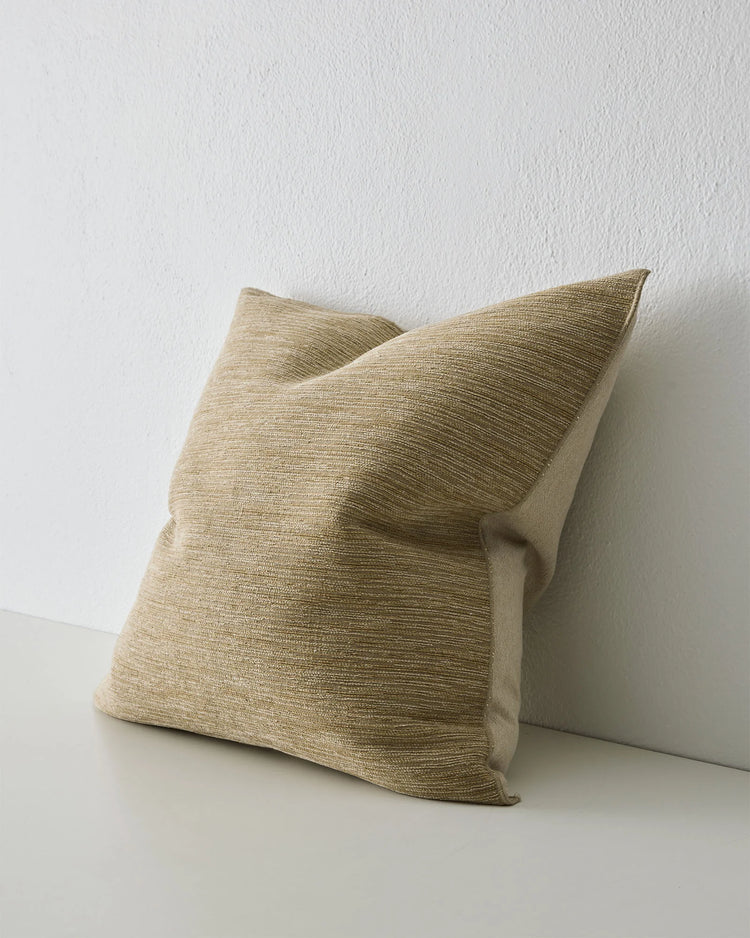 Dania Toffee 50x50 cushion with woven texture and warm metallic highlights, overlocked edges, side view by Weave Home