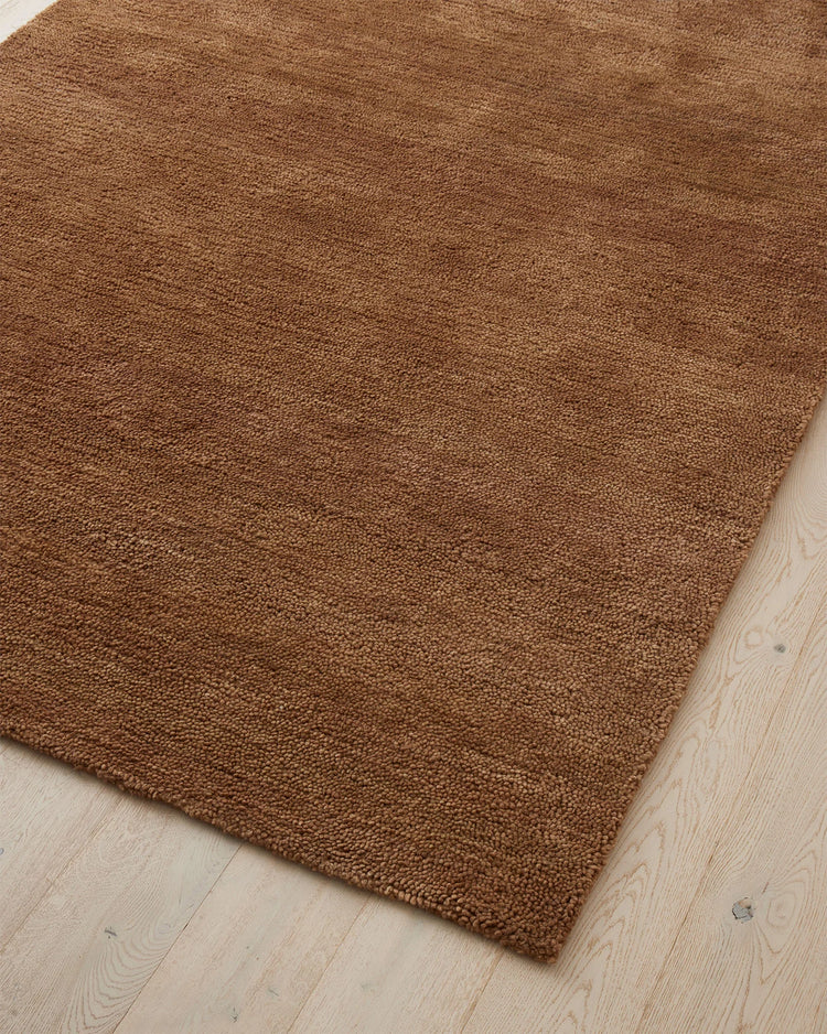 Valencia Toffee chunky woven NZ wool rug in rich earthy brown, detail shot by Weave Home